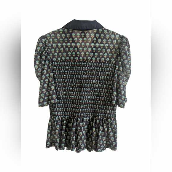 Maeve Anthropologie Short-Sleeve Smocked Polo Top Navy Floral Boho Preppy SZ M - Picture 4 of 9